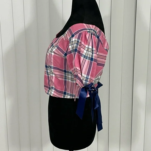 SUGAR THRILLZ French Exchange Plaid Puff Sleeve Corset Crop Top Pink Blue Large - Picture 4 of 8